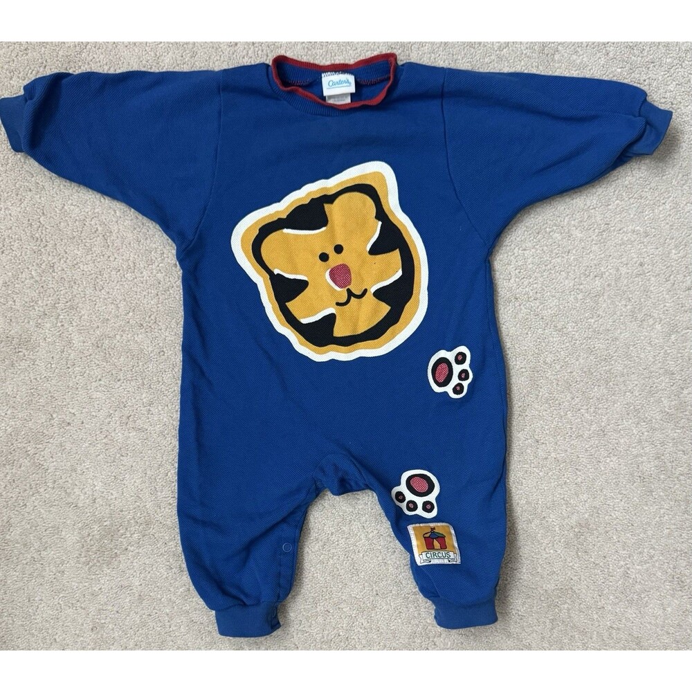 Vintage Carter’s Baby Jumpsuit-Blue Tiger Face Appliqué, Circus Patch Size 12M